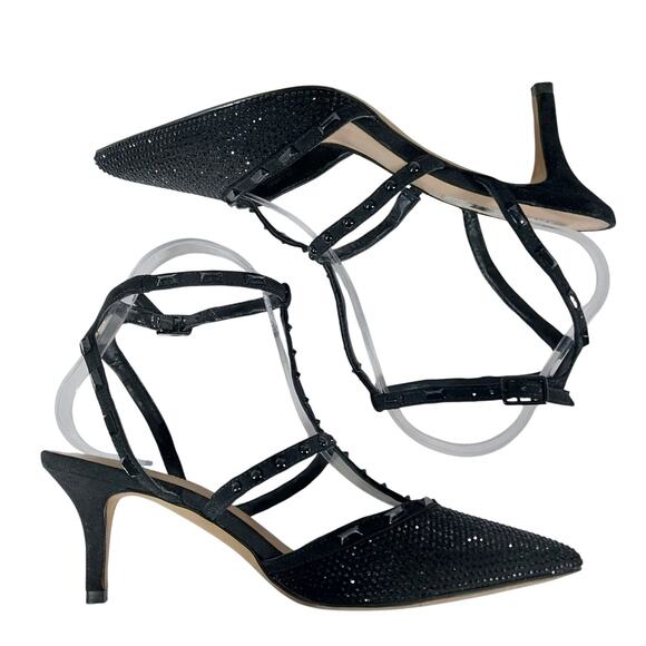 INC! DELICATE BLACK T-STRAP, POINTY TOE KITTEN HEELS, BLACK JEWELED! SZ 8M - Picture 7 of 10
